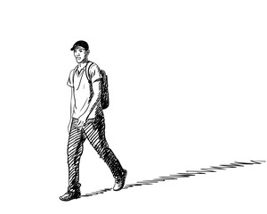 Canvas Print - Drawing of a walking young man in a cap and with a backpack, casting a long shadow, Vector sketch isolated, Hand drawn illustration