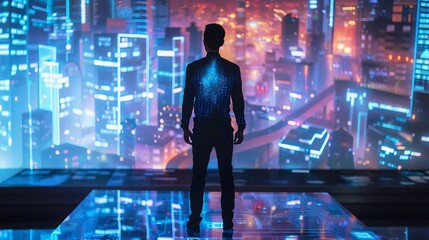 Wall Mural - A beautiful robot man stands at an interactive table displaying a hologram of a smart city, demonstrating how AI controls various systems within a smart city environment