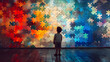 © Gita - boy stands in awe before a massive, colorful wall made of puzzle pieces symbolizing complexities beauty of perception childhood learning challenges and unique ways in which each person sees the world
