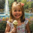 A happy toddler with a pink iris flower in her hair is smiling while holding an ice cream cone in front of a beautiful fountain on a summer day. The green grass adds to the beauty of the scene AIG50