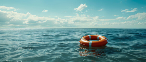 Lifebuoy floating in the sea or ocean. Saving life concept. Summer vacation, journey mockup. Seascape. Generative ai