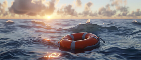 Lifebuoy floating in the sea or ocean. Saving life concept. Summer vacation, journey mockup. Seascape. Generative ai