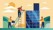 © Justlight - Workers on scaffolding carefully assembling solar panel arrays on the side of a tall industrial building.. Vector illustration
