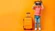 © Irina Ukrainets - Young explorer ready for adventure, kid with suitcase on orange. Child imitates flight, dreams of travel. Creativity in play, childhood fun. AI