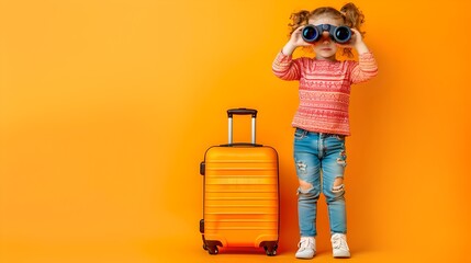 Young explorer ready for adventure, kid with suitcase on orange. Child imitates flight, dreams of travel. Creativity in play, childhood fun. AI