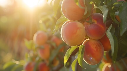 Canvas Print - Ripe peaches on a tree bathed in golden sunlight, conveying freshness and natural growth. Perfect for health and agriculture themes. AI