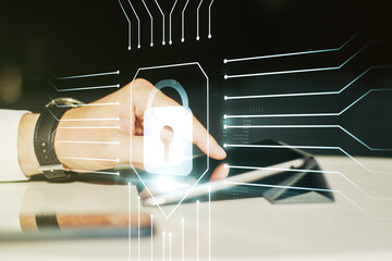 Aufkleber - Creative lock sketch with chip hologram and hand working with a digital tablet on background, protection of personal data concept. Multiexposure