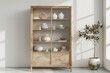 minimalist wooden display cabinet showcasing decorative objects white background 3d rendering