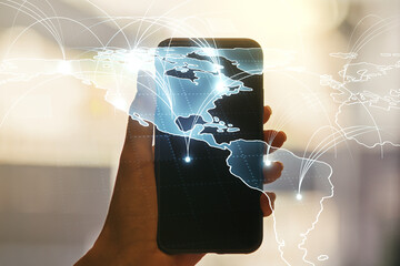 Aufkleber - Double exposure of abstract digital world map with connections and hand with cellphone on background, big data and blockchain concept