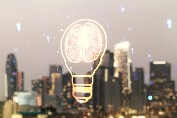 Poster - Abstract virtual creative light bulb with human brain hologram on blurry office buildings background, artificial Intelligence and neural networks concept. Multiexposure