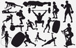 © Pro Silhouettes - Vector silhouettes collection of active people doing fitness exercises. Fitness people and gym silhouette.
