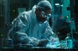 A man in a protective suit and goggles works in a dark laboratory