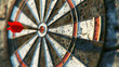 Close-up view of a dart hitting the bullseye on a textured dartboard, depicted with vivid detail.