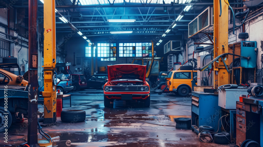 Busy vintage car garage with an array of vehicles in need of repair ...