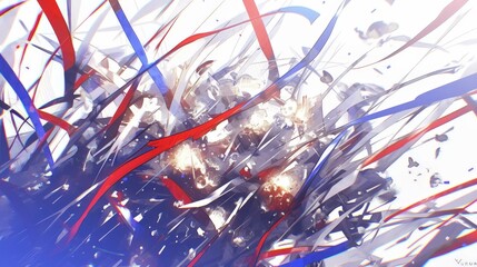 Poster - Abstraction, red and blue ribbons. Explosion of matter, bright lights. White background. For different designs