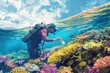 Professional scuba diving exploring under the sea with fantasy view and vibrant beautiful coral. Skilled smart marine scientist learning and researching about fish and underwater environmental. AIG42.