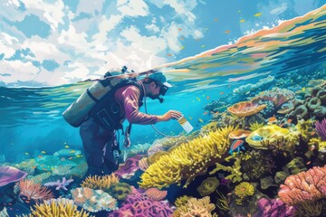 Wall Mural - Professional scuba diving exploring under the sea with fantasy view and vibrant beautiful coral. Skilled smart marine scientist learning and researching about fish and underwater environmental. AIG42.