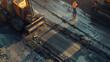 Evening road construction with powerful machinery paving a new road in a glowing urban scene.