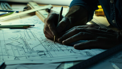 Wall Mural - An architect's hands fervently sketching the blueprint of a future creation at his desk.