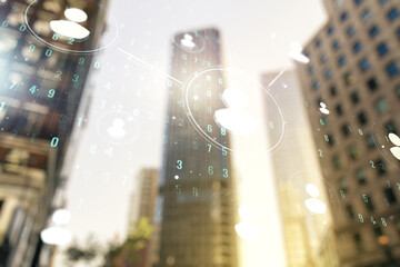 Aufkleber - Double exposure of social network icons hologram on blurry cityscape background. Networking concept