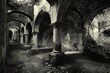 A bygone era whispers through this vintage photograph of a weathered Romanesque structure, its grandeur echoing in the ruins.