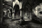 Fototapeta Tęcza - A bygone era whispers through this vintage photograph of a weathered Romanesque structure, its grandeur echoing in the ruins.