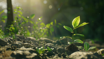 Wall Mural - Young plant sprouting from soil in sunlight, symbolizing growth and new beginnings.