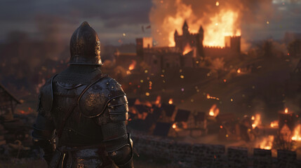 A knight gazes over a medieval fortress engulfed in flames at twilight.