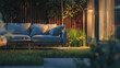 Cozy evening ambiance on a porch with stylish outdoor furniture.