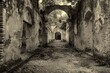 Eerie beauty unfolds in a vintage photo of a crumbling Romanesque building, shrouded in mystery and overgrown with vines.
