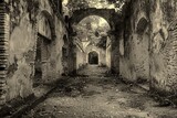 Fototapeta Tęcza - Eerie beauty unfolds in a vintage photo of a crumbling Romanesque building, shrouded in mystery and overgrown with vines.
