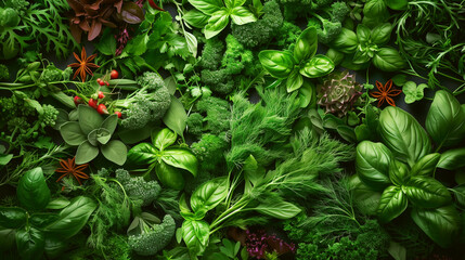 Wall Mural - An overhead view of various fresh herbs and green vegetables artistically arranged.
