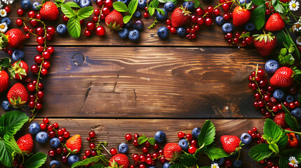 Wall Mural - Colorful berries arranged in a vibrant border on a dark wooden background, providing copy space in the center.