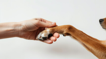 Wall Mural - close-up of two hands, one human and one paw, touching gently against a stark white background, symbolic representation of human-animal bond