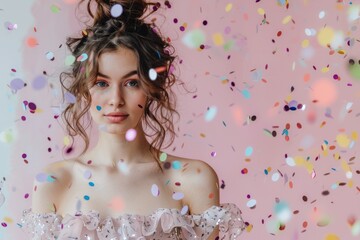 Wall Mural - Young happy cheerful young woman with confetti pink background