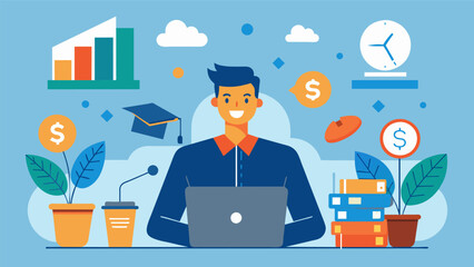 Wall Mural - An entrepreneur sitting in a coworking space managing multiple gig economy jobs such as consulting app development and graphic design all aimed at. Vector illustration