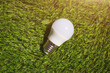 The modern led lamp on the green grass background. Concept of energy economy and environmental friendly household technologies.