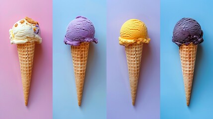 Sticker -   Three colorful ice cream cones with diverse flavors, atop a blue, pink, and purple backdrop