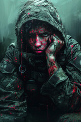 Wall Mural - A portrait of a soldier with Post-Traumatic Stress Disorder (PTSD), creative illustration. Mental disorder concept.