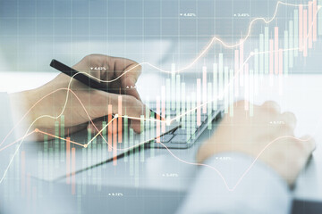 Poster - Double exposure of abstract creative financial chart with hand writing in notebook on background, research and strategy concept