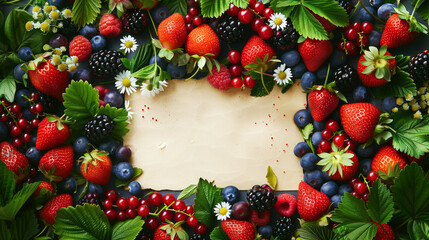 Wall Mural - Vibrantly arranged berries and flowers bordering a beige textured background with copy space.