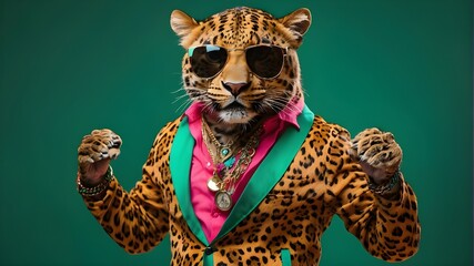Wall Mural - leopard dancing against a green background while sporting vibrant clothing and sunglasses