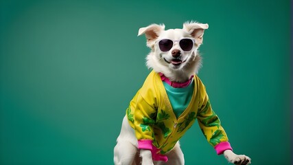 Wall Mural - White dog dancing on a green backdrop while wearing brightly colored clothes and shades