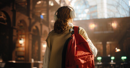 Young Female Student With Headphones and Red Backpack Walking in a Grand Library, Captured From Behind. She Is Exploring the Vast Rows of Books, Engaged in Her Academic Pursuit