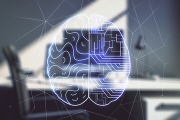 Poster - Double exposure of creative human brain microcircuit and modern desk with computer on background. Future technology and AI concept