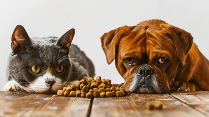 Wall Mural - A gray cat and a brown dog lying on a wooden floor, staring at a pile of pet food.