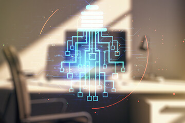 Poster - Double exposure of creative light bulb hologram with chip and modern desktop with laptop on background, idea and brainstorming concept