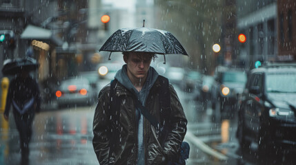 A young man walking in the rain