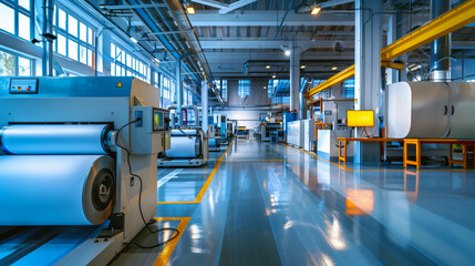 Sticker - Modern industrial printing facility with large printing machines and rolls of paper.