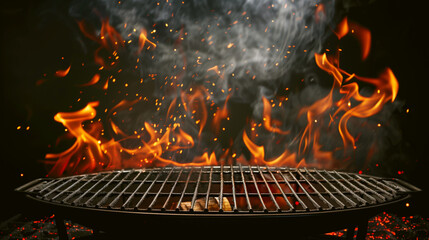 Wall Mural - Intense flames and sparks rise from a hot barbecue grill against a dark background.